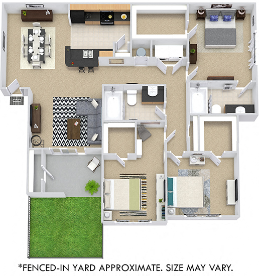 Floor plan for 3 beds, 2 baths, 1271 sqft
